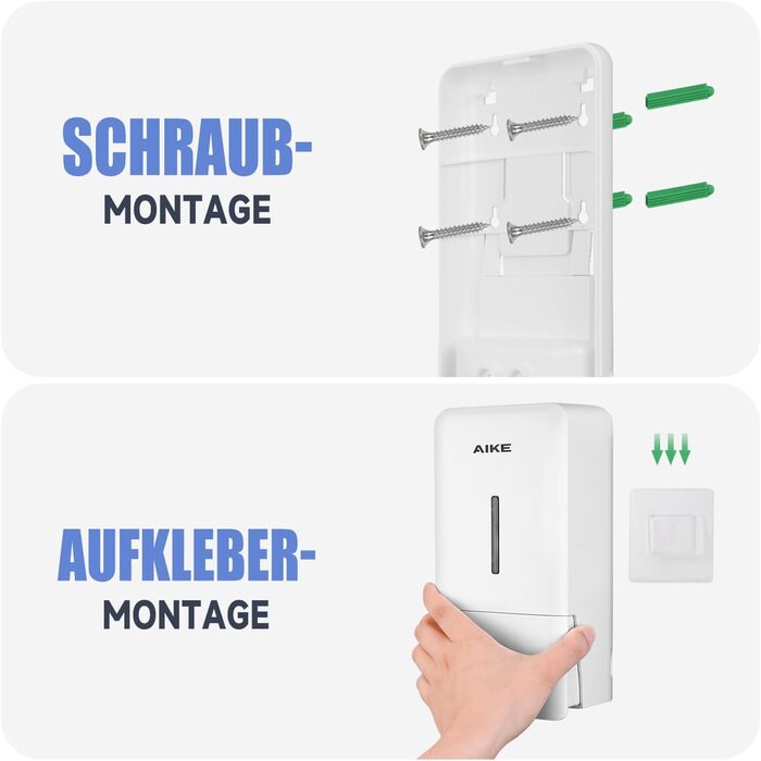 AIKE AK1006 800ML Soap Dispenser Wall Mount No Drilling, Manual Wall Soap Dispenser Made of Plastic, Liquid Soap Dispenser for Public Use, White
