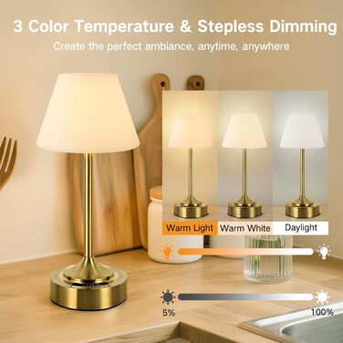 Світлодіодний акумуляторний настільний світильник OUTON 2 шт, USB-C, 3 режими освітлення (3000K-6000K), сенсорне керування, IP54, 53 год, золотий - для ванної, кухні, вулиці