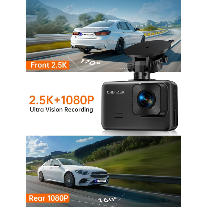 Відеореєстратор у машину Dashcam Auto з двома камерами, 2.5K+1080P, IPS-дисплей, G-сенсор, 170° кут огляду, паркувальний режим, циклічна запис, нічне бачення, карта 32GB