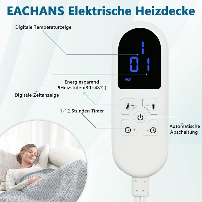Електрична ковдра Eachans 180x150 см з автовимкненням, 9 режимів нагріву та таймером 1-12 годин, пральна фланелева Sherpa ковдра для ліжка та дивану, підігріваюча ковдра, плед 180*150 см