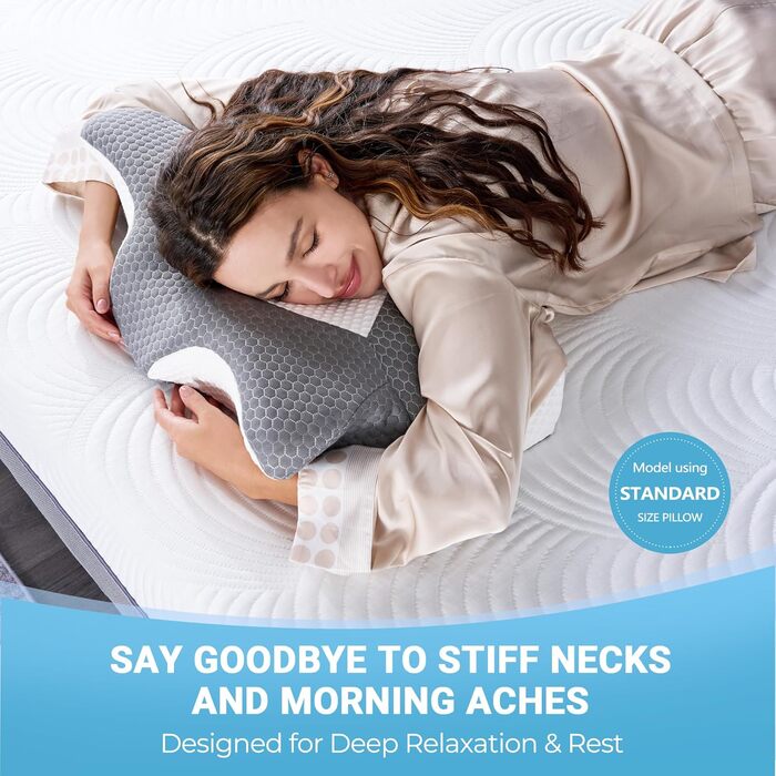 Ортопедична подушка Elviros для шиї з Memory Foam, 54x11/9x33 см, срібно-сіра. Підтримка шиї та плечей, знімний чохол, ергономічна форма.