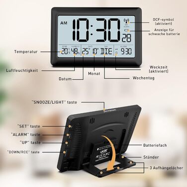 LATEC Wall Clock Digital, Digital Wall Clock with Temperature and Humidity Display, Radio Clock Digital with Backlight, Date, Day of the Week, Large, 20 x 13 x 1.2 cm (with batteries)