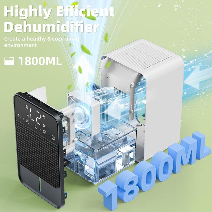 Зволожувач повітря 1800 мл з функцією відтавання (<5 °C), таймером 2-12 годин, режимом сну та 7-кольоровою LED-індикацією. Підходить для спалень, ванних кімнат та шаф (700 мл/24 год)