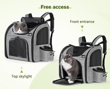 Pecute Pet Carrier Backpack with Mesh Window - Portable & Foldable Cat Carrier, Breathable & Lightweight Dog Carrier - Waterproof Oxford Cloth, Large Capacity, Non-Slip Gray