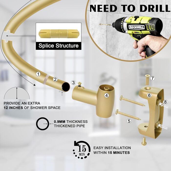 Вигнута штанга для душової завіси YNL, 89-203 см, золота, кругла, нержавіюча сталь, для ванної кімнати та ванни, регульована, розширювана, антикорозійна