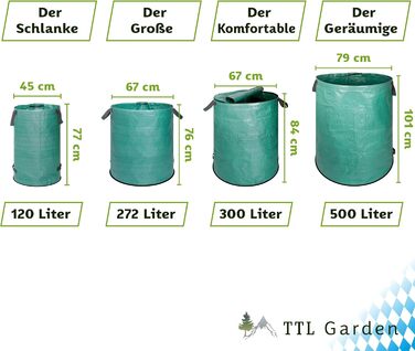Садові мішки TTL Garden 272 л, 6 шт, посилене дно, самостійно стоять, 4 ручки, 150 г/м², великі та міцні, для трави, листя, гілок і садового сміття