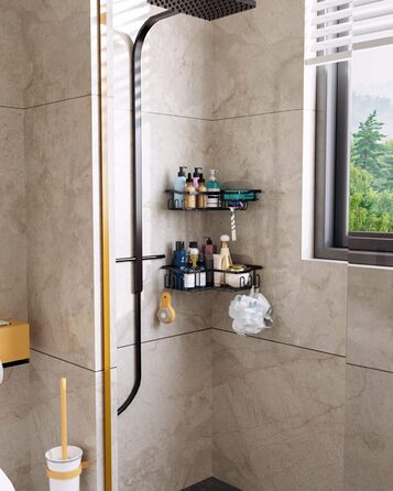 Дзеркальна поличка для душу HapiRm без свердління - органайзер для ванної кімнати та кухні з 11 гачками, мильниця, тримач для бритви, кріплення на присосках, 3 наклейки