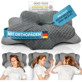 Ортопедична подушка Glückstoff для всіх типів сну, ергономічна, з пам’яттю форми, проти болю в шиї, сіра