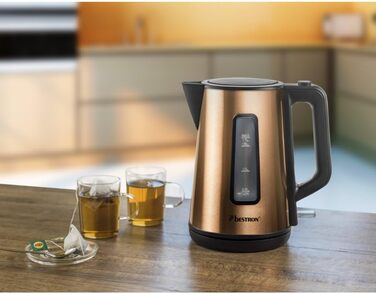 Bestron 1.7L Electric Kettle with 360° Base, Auto Shut-Off & Boil-Dry Protection - Black/Wood (Copper) Finish