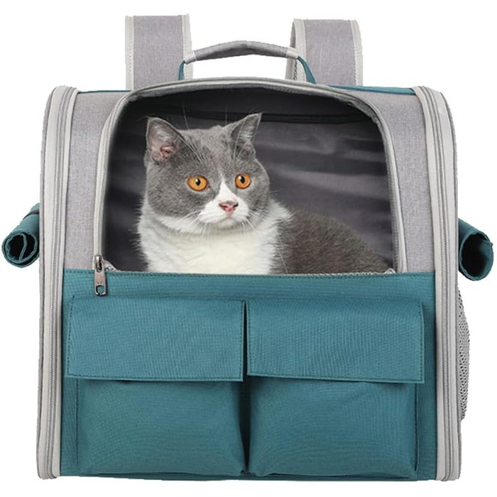 Транспортна сумка для тварин: котів та собак до 10 кг, рюкзак-переноска, велика, з 4 входами, 3 кишені, дихаюча, складана, для подорожей, схвалена авіакомпаніями, універсальний розмір (зелений)
