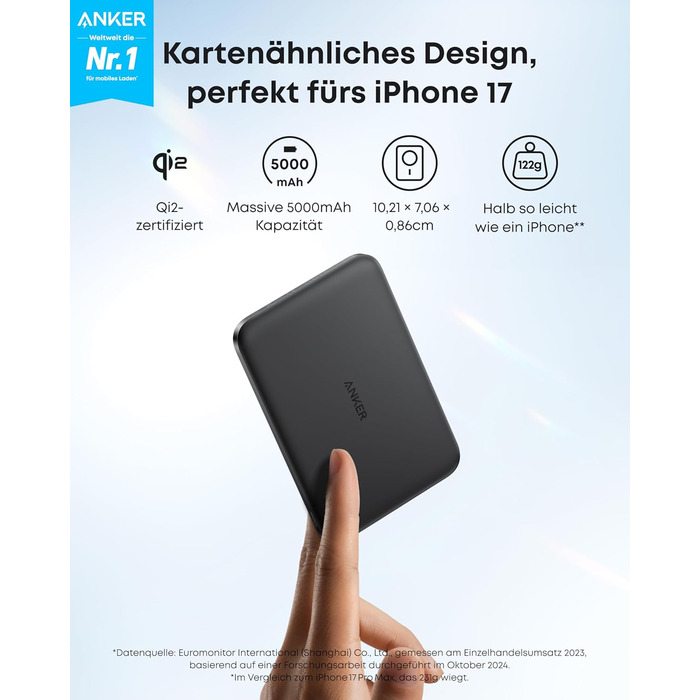 Powerbank Anker Nano: 5000mAh, Qi2, 15W, MagSafe, чорний