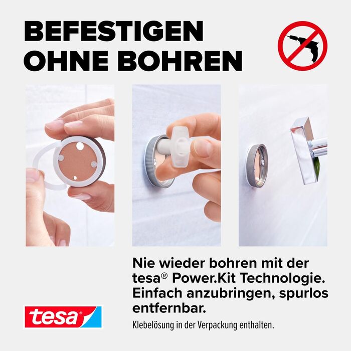 tesa EKKRO Bad Handtuchhalter, 2-arm and swivel, chrome - for wall mounting without drilling, incl. adhesive solution - 428 mm x 50 mm x 87 mm