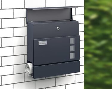 Поштова скринька BASI з м'яким закриттям, оглядовим вікном та табличкою для імені, DIN A4, з 2 ключами, вбудованим відділенням для газет, антрацит, настінна (H37x37x10.4 см)