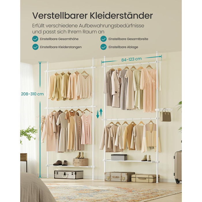 SONGMICS Telescopic Rod Clothes Rack, 3-Tier Wardrobe, Height and Width Adjustable, Open Closet with 2 Clothes Rods and Removable Shelf, Gripper Arm, HSR136B01 (Matt White, 1 Row (84B~123B cm))