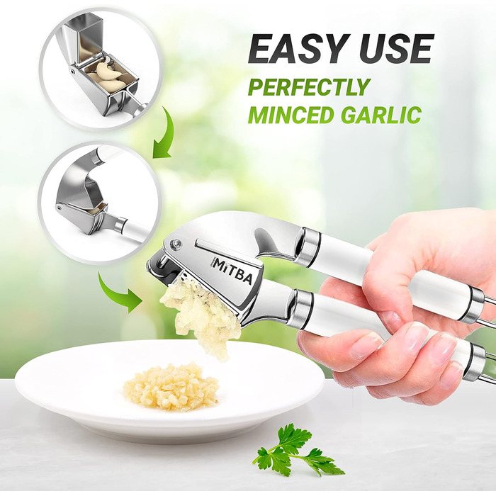 MiTBA Garlic Press Set with Non-Slip Grips - Includes Silicone Tube Peeler & Cleaning Brush