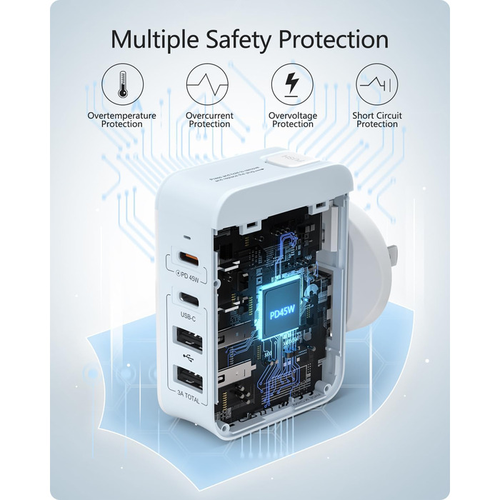 Універсальний адаптер LENCENT з USB зарядкою 45W, 4 порти (2x USB-A, 2x USB-C) - EU/US/UK/AU