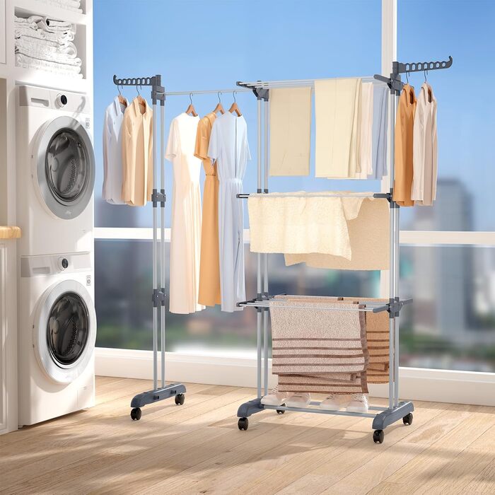 Сушарка для білизни Oak & Tea Tower, 83-200 см, з висувними крилами, XXL, 4 яруси, на коліщатках, для дому та вулиці, сіра