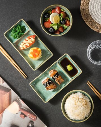 Набір посуду для суші HENXFEN: 2 тарілки, ложки, миски, зелений блиск