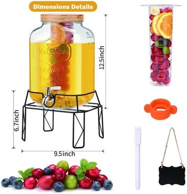 Скляний диспенсер для напоїв 7.6L зі стійкою, з нержавіючою сталею та бамбуковим кришками, для вечірок та свят