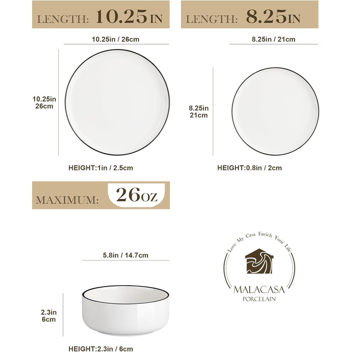 MALACASA, Luna Series, 12-Piece White Porcelain Dinnerware Set – Combination Set, including 4 Dinner Plates, 4 Dessert Plates, and 4 Cereal Bowls for 4 people