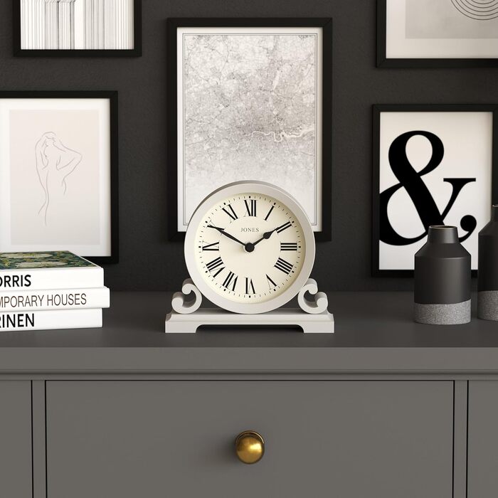 JONES CLOCKS® Saloon Table Clock | Traditional Double-Scroll Design | | Roman Numerals | Classic style for desk, table, shelf or bedside table. (Gray)