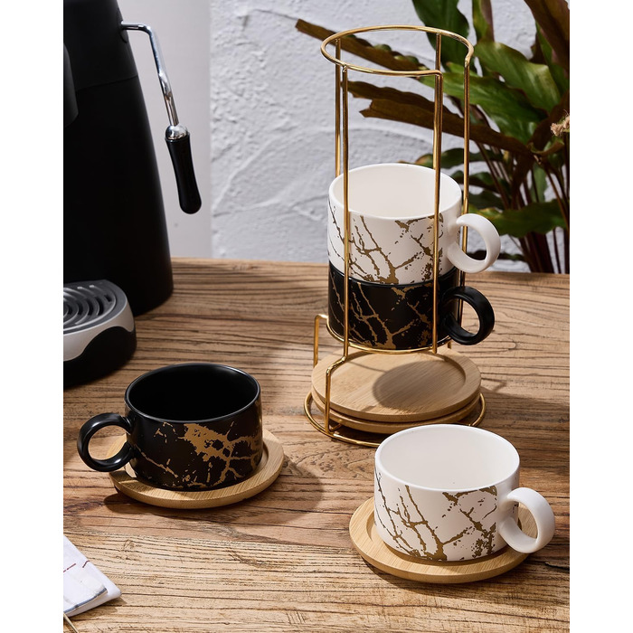 Набір чашок кавових Cappuccino HOME DECOR - 4 шт. по 160 мл з підставками та стійкою - 160 мл, кераміка, для еспресо, капучино, лате, мармурова колекція