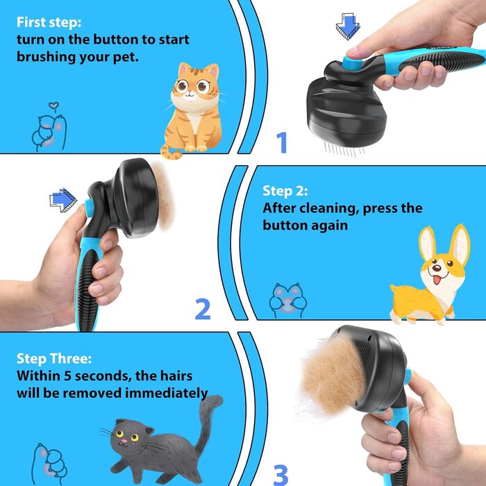 Двостороння щітка для грумінгу собак та котів 2-в-1, для видалення підшерстка, самоочисна (блакитна)