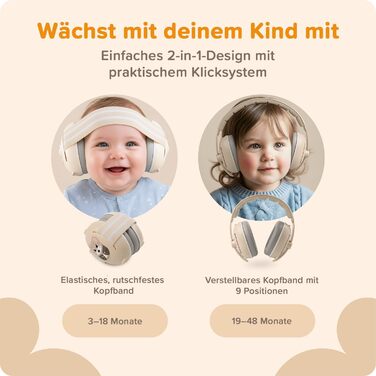 Навушники шумоізоляційні дитячі 3-48 місяців - захист слуху для малюків 25dB, зменшення шуму - м'які дитячі навушники з еластичним та регульованим обручем, бежевий
