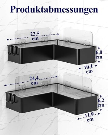 Поличка для душу Kitsure L-подібної форми без свердління - 2 шт. Міцна поличка для кута без свердління з 4 гачками та клейкими смугами, нержавіюча сталь для ванної, кухні та пральні, 24,4 x 11,9 x 6,2 см, Чорний