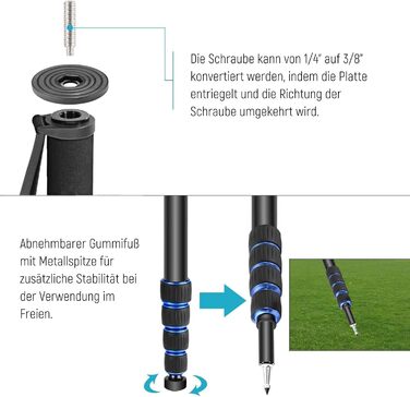 NEEWER Монопод 155 см для камери: легкий, портативний, з адаптерами 1/4' та 3/8' для DSLR та Camcorder, максимальне навантаження 8 кг