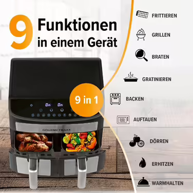 Gourmetmaxx Double Chamber Hot Air Fryer 2x 3.5L - Stainless Steel | Air Fryer with Synchro Cooking Zones, Timer Function & Touch Display | Energy-Saving Frying | 10 Programs | 2400 Watts Stainless Steel / Black 2x 3.5 Liters