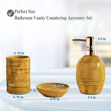 Набір для ванної кімнати на 3 частини, органайзер для ванної з кераміки - тримач для зубних щіток, дозатор мила, мильниця, стильна декор у стилі бохо, аксесуари для ванної кімнати (текстура мармуру, колір Drum-Yellow)