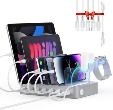 Зарядна станція SooPii USB 60W/12A з 6 портами, органайзер для декількох пристроїв з тримачем для Apple Watch, 6 кабелів в комплекті (срібло)