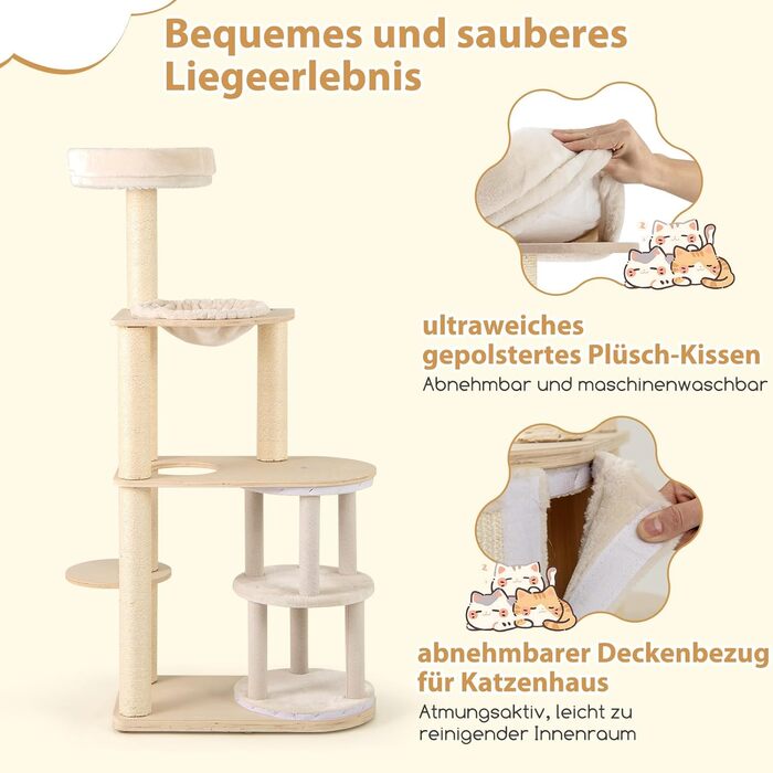 Дерев'яний кігтечка для котів Costway 151 см з будиночком, гамаком та сизалевими стовпчиками, активний комплекс для котів