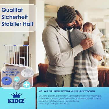 Захисне ворота KIDIZ для дітей з люком для котів, без свердління | Захист від падіння, поворотне, біле | Ширина: 102-115 см, блакитне