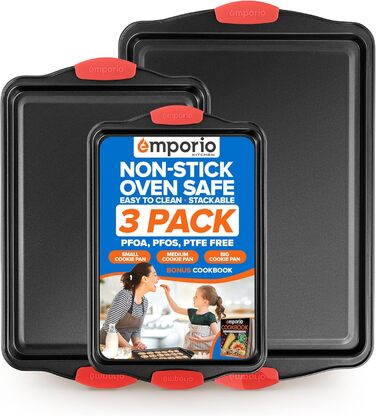 Набір форм для випічки Emporio Kitchen – антипригарне покриття, набір форм для випічки з вуглецевої сталі з силіконовими ручками, без PFOA, PFOS, PTFE, рецептурна книга в комплекті, деко для випікання (чорний, набір з 3 шт.)