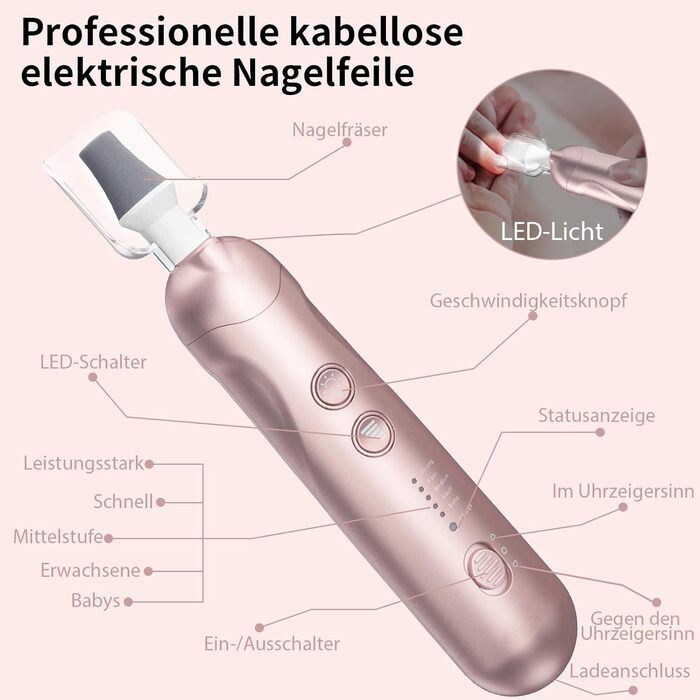 Електричний набір для манікюру та педикюру AOMEES з 9 насадками, LED-підсвічуванням та сумкою (Champagnergold)