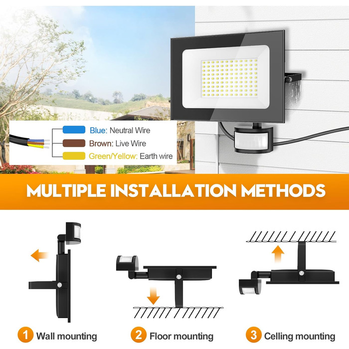 papasbox 2-Piece 100W LED Floodlights with Motion Sensor and Light Sensor | Outdoor Floodlights/Spotlights with Remote Control | 6500K Cold White IP66 Waterproof Floodlight for Garden, Garage, Sports Field