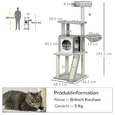 PawHut Драбина для котів 1415 см, котячий комплекс з котячою печерею, іграшкою-м'ячиком, гамаком та 2 платформами, сизаль для любителів котів