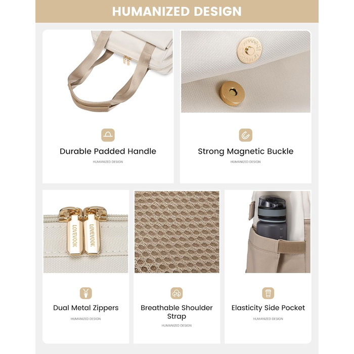 Сумка-рюкзак LOVEVOOK для жінок, водонепроникний рюкзак для ноутбука, шкільна сумка для підлітків, елегантний рюкзак для щодня, 15.6 дюймів, сумка для роботи, сумка для вчителя, рюкзак для подорожей, бежевий та хакі