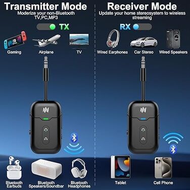 Bluetooth-адаптер 2-в-1 для літака (трансмітер та ресивер) з підтримкою aptX, роз'єм 3.5 мм Jack, версія 5.4, чорний