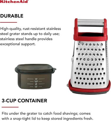 KitchenAid KN300OSERA Gourmet 4-Sided Stainless Steel Box Grater for Fine, Medium, and Coarse Shreds and Slices, Removable 3-Cup Storage Container and Measuring Marks, Dishwasher Safe, Empire