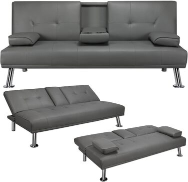Yaheetech 3-Seater Convertible Sofa Bed with Cup Holders and Reclining Backrest