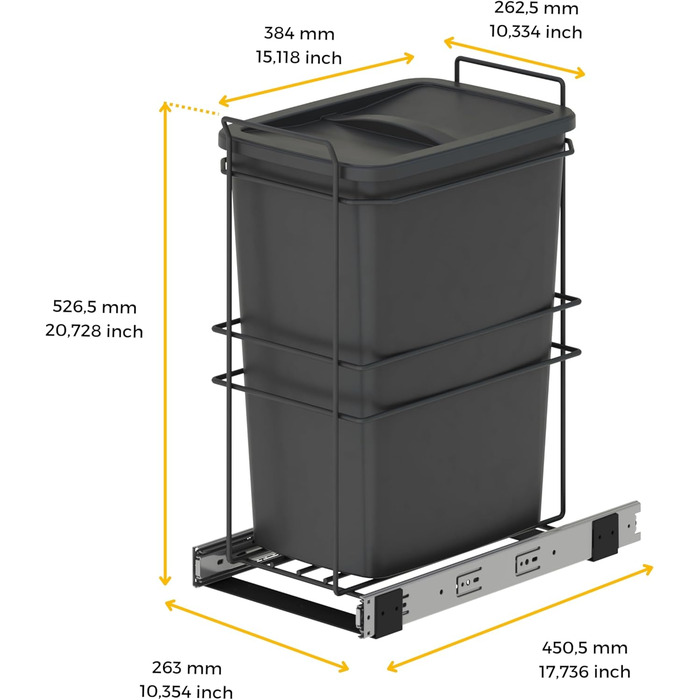 Відро для сміття кухонне Emuca з підвісною системою, 2 висувні контейнери по 20 л, загальний об'єм 40 л (2 x 20 л), сталь та пластик, сірий колір