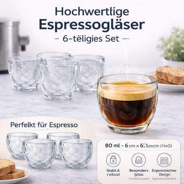 Набір скляних чашок для еспресо 80мл (6 шт.) - міцні скляні чашки для еспресо, мокко, сумісні з кавомашинами