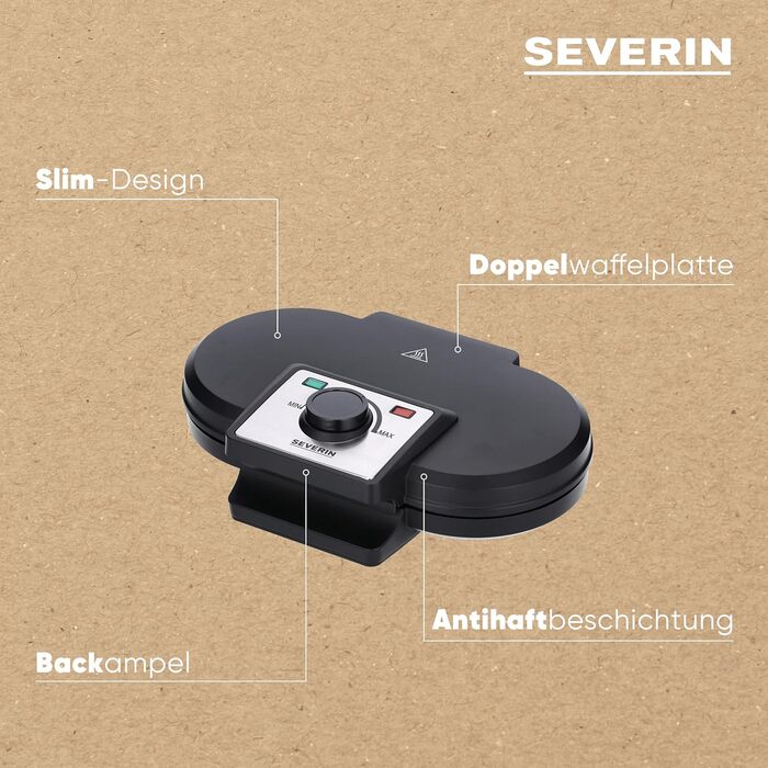 Severin WA 2106 Heart-Shaped Waffle Maker - Anti-Stick Coating, Slim Design, 1200W - Black