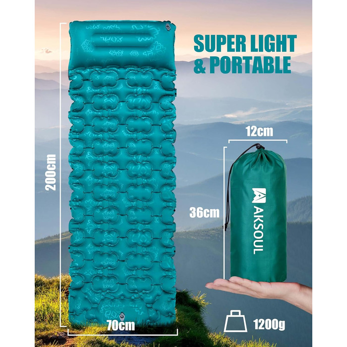 AKSOUL Self-Inflating Camping Air Mattress - Ultralight, Thick (10CM), Foldable Sleeping Pad with Pillow for Trekking, Tent & Outdoor Use
