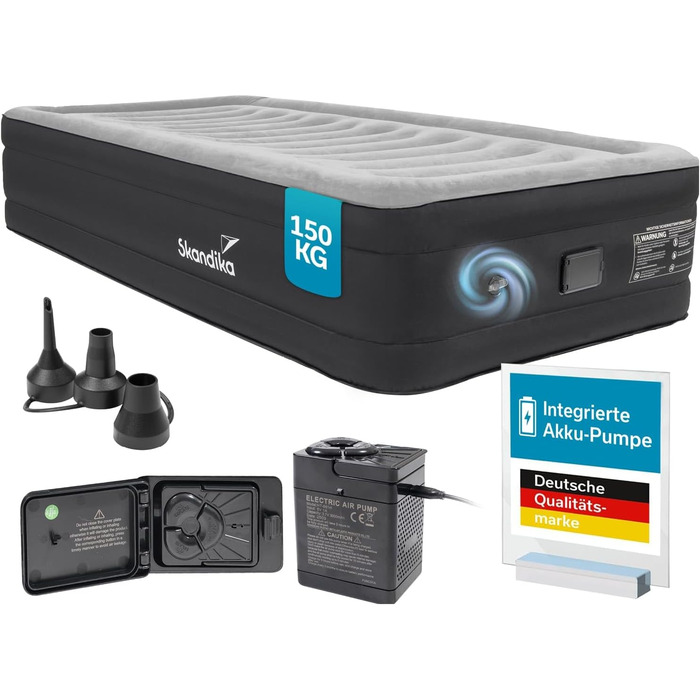 Надувна повітряна матрац Skandika Sveja | Самостійно надувний матрац з насосом USB, 204 x 151 x 43 см, 300 кг, для кемпінгу (1 особа)