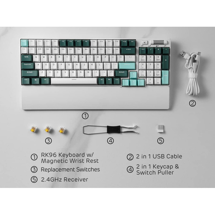 Механічна клавіатура RK ROYAL KLUDGE RK96 RGB Limited Ed з RGB підсвічуванням, 96 клавіш, 90% layout, Bluetooth 5.0/2.4G/USB-C, Hot-Swap, QWERTY (Camp Grün)