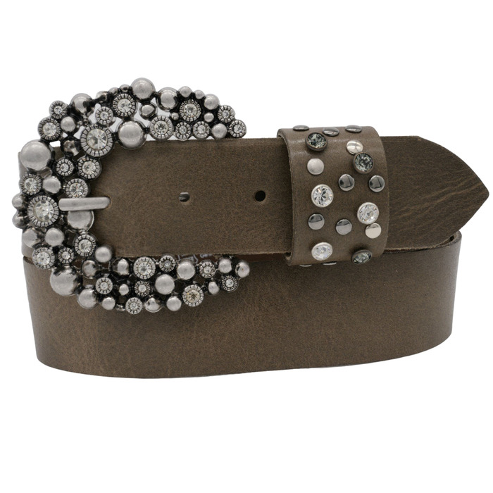 Жіночий шкіряний ремінь AnnaMatoni з розкішною стразовою пряжкою 4 см, Німеччина, сірий (100 см)